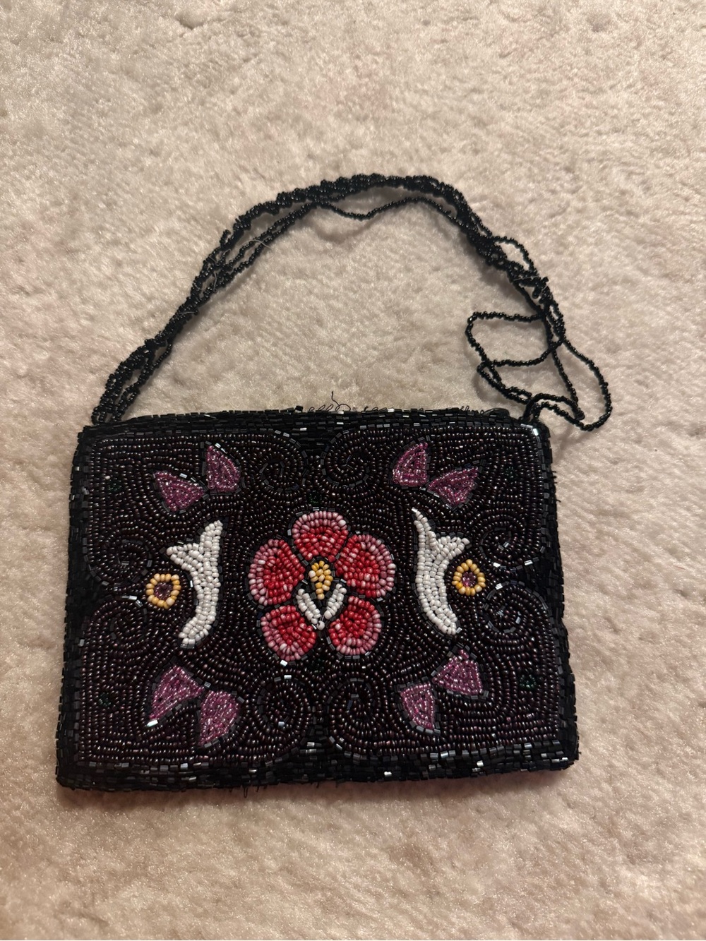 Vintage Beaded Floral Evening Bag - Black with Multicolor Accent
